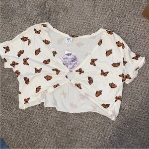 Butterfly Print Crop Top in White and Orange